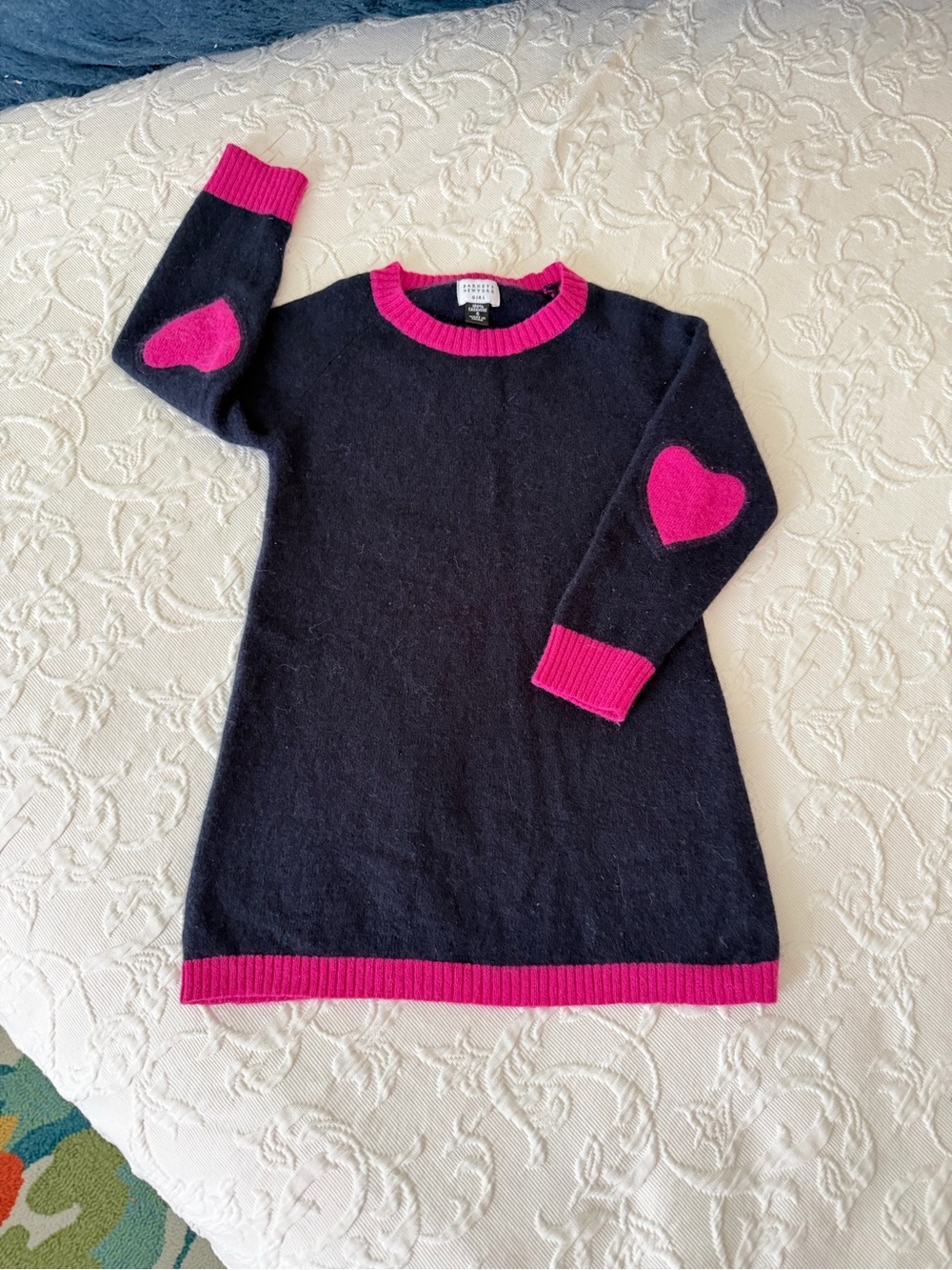 Barneys New York Navy & Pink Cashmere Sweater Dress Girls SZ 4 Heart Elbows